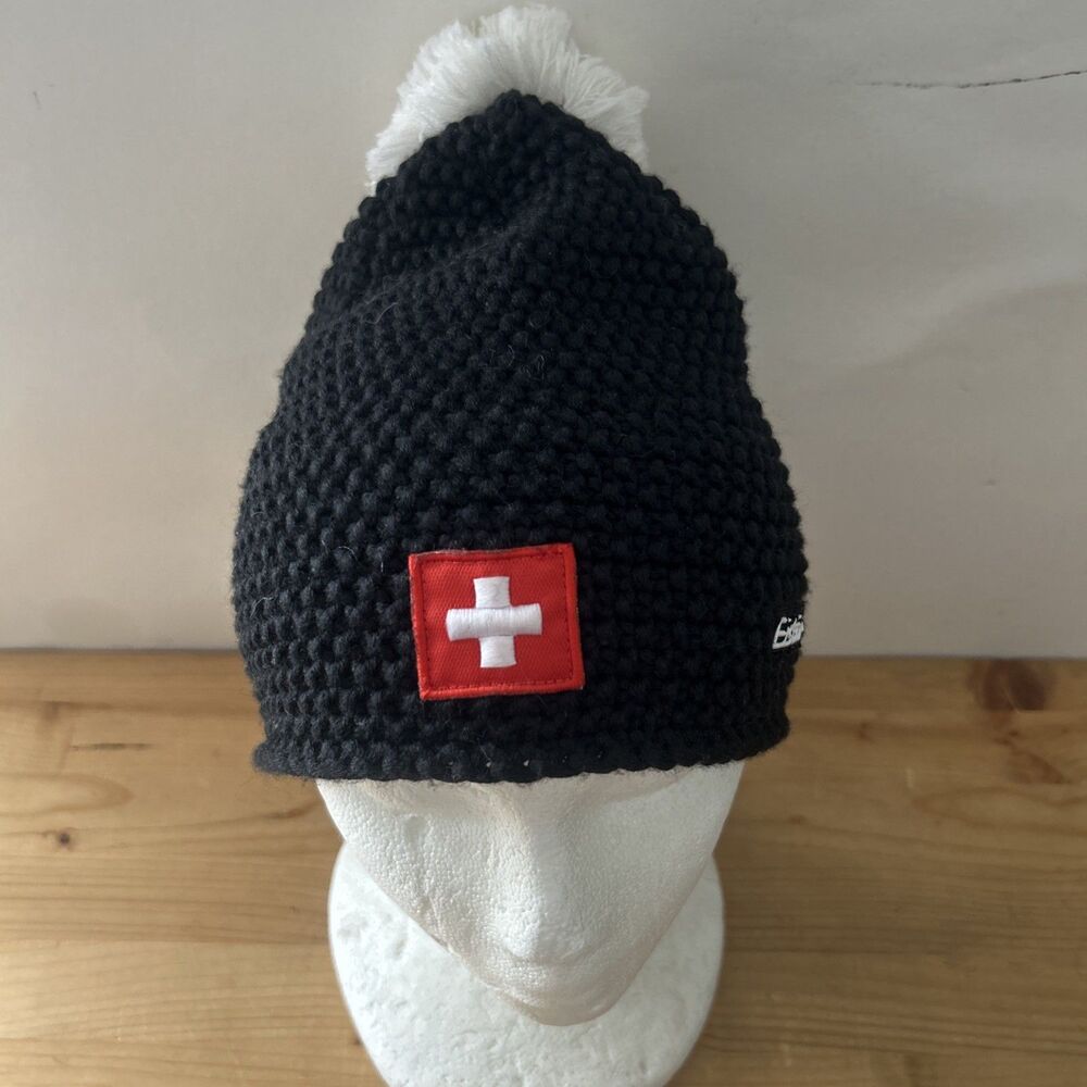 Eisbar Austria Knit Hat Black w White Pom Chunky Merino Wool Beanie OS